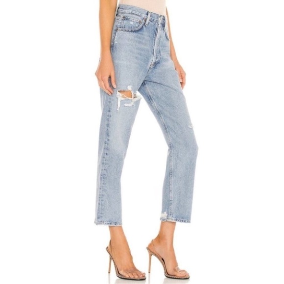 NWT AGOLDE 90s Crop Jeans Echo Blue High Rise Denim Light Wash Destroyed 27 - Picture 2 of 10